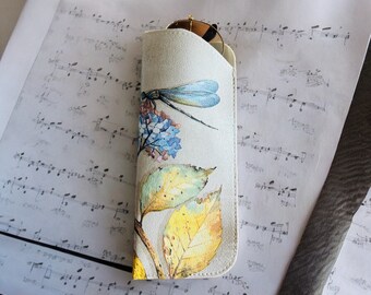Faux Leather Sunglasses Glasses Pouch with a Blue Dragonfly and Hydrangea, Dragonfly Sun Glasses Case, Dragonfly Holiday Accessories