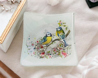 Blue Tit Glass Trinket Dish, Blue Tit Decorative Dish, Blue Tit Jewellery Tray, Blue Tit Gifts, Blue Tit Decorations, Bird Gifts, Bird Dish
