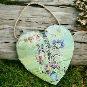 Green Bicycle Hanging Heart Decoration, Bicycle Themed Gift, Bike Home Decor, Bike Gift, Floral Bicycle Hanging Slate Heart