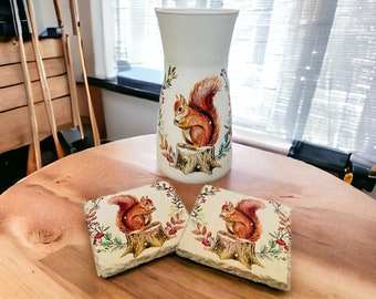 Squirrel Themed Flower Vase, Squirrel Coasters, Squirrel Gifts, Autumn Home Decor, Autumn Vase, Autumn Themed Gifts, Squirrel Home Decor