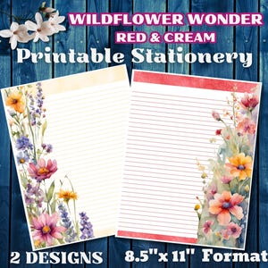Papelaria Floral JW Letter-Writing - WILDFLOWER WONDER - Vermelho e Creme - 2 Desenhos - Papel para Impressão - Papel Timbrado - Papel para Escrita - Formato 8,5" x 11"