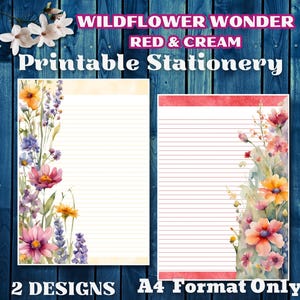 Papelaria floral A4 para cartas JW - WILDFLOWER WONDER - Vermelho e creme - 2 designs - Papel para impressão - Papel timbrado - Papel para escrever - Formato A4