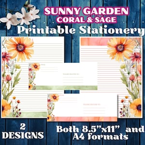 Papelaria para cartas JW - SUNNY GARDEN Coral e Sálvia - Papel de carta decorativo floral - Download instantâneo - Imprima em casa