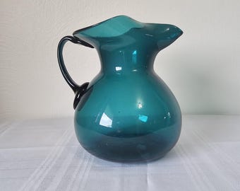 Large Handblown Teal Drink Art Glass Pitcher With Applied Handle
