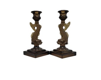 Pair of Imperial Glass Nut Brown Dolphin/Koi Fish Candle Holders