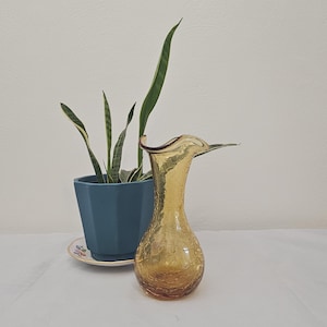 May include: A vintage amber-colored crackle glass vase with a unique, flared rim. The vase has a slender neck and a rounded base. A blue hexagonal planter with a snake plant is in the background.