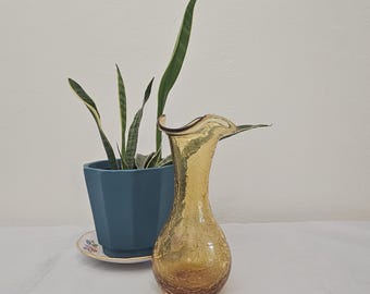 Amber Crackle Glass Ruffled Edge Vase 7" Tall