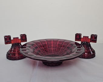 Ruby Red Glass Console Set: Paden City Diamond Pattern Bowl & Candlesticks