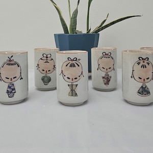 Otagiri Hand Painted Stoneware Japanese Kokeshi Doll Sake Or Tea Cups Set Of 6