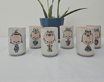 Otagiri Hand Painted Stoneware Japanese Kokeshi Doll Sake Or Tea Cups Set Of 6