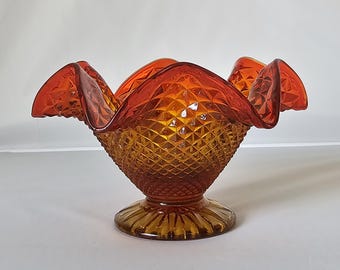 Amberina Diamond Point Hobnail Ruffled Compote Dish 4" Tall