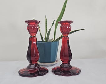 Pair Of Red Mosser Glass Candlestick Holders