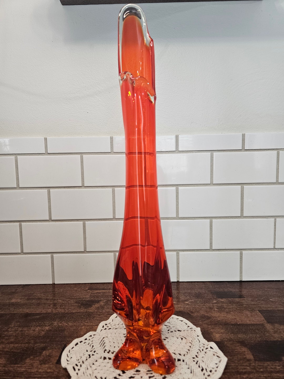 Vintage Viking Glass Three Foil Persimmon Swung Vase, 20.25 Tall Mid