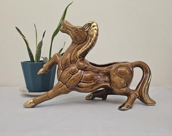 USA Ceramic Horse Planter Stallion Pony Tan/Gold Equestrian 12.5"x9.5"
