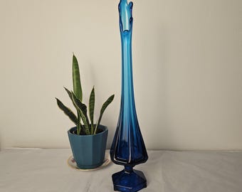 Viking Glass Epic Column Ribbed Bluenique Swung Vase Pedestal Vase 19 1/4" Tall #7304