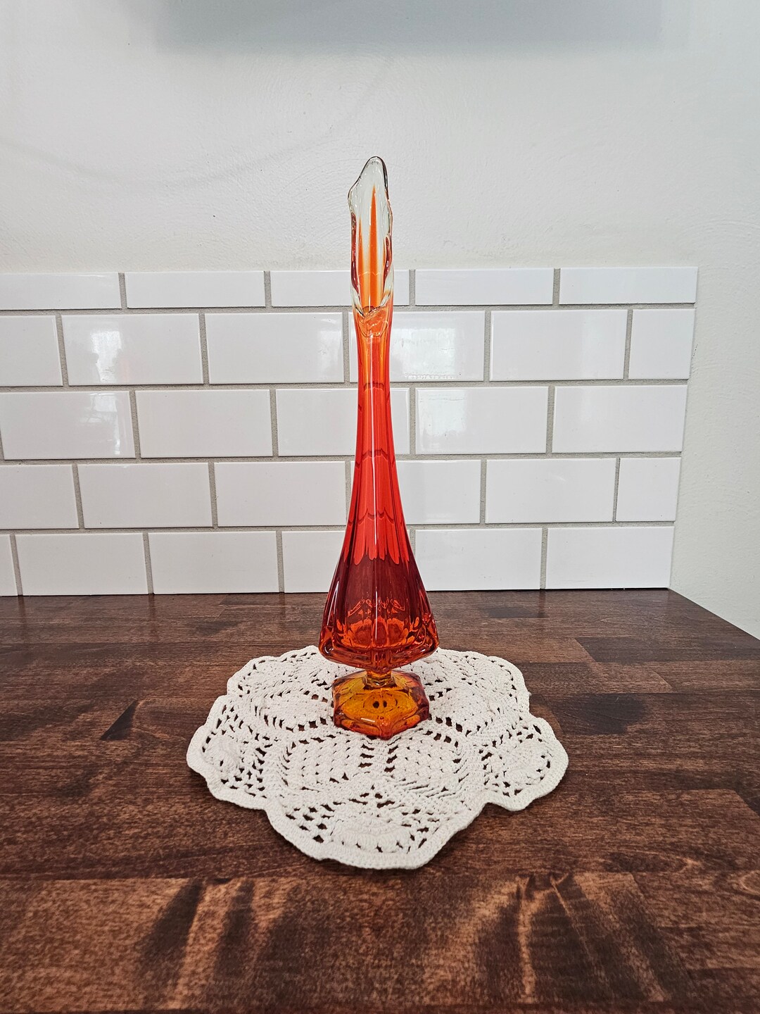 Viking Glass Persimmon Epic Line Swung Glass Vase 13 1/2 Tall Hexagonal