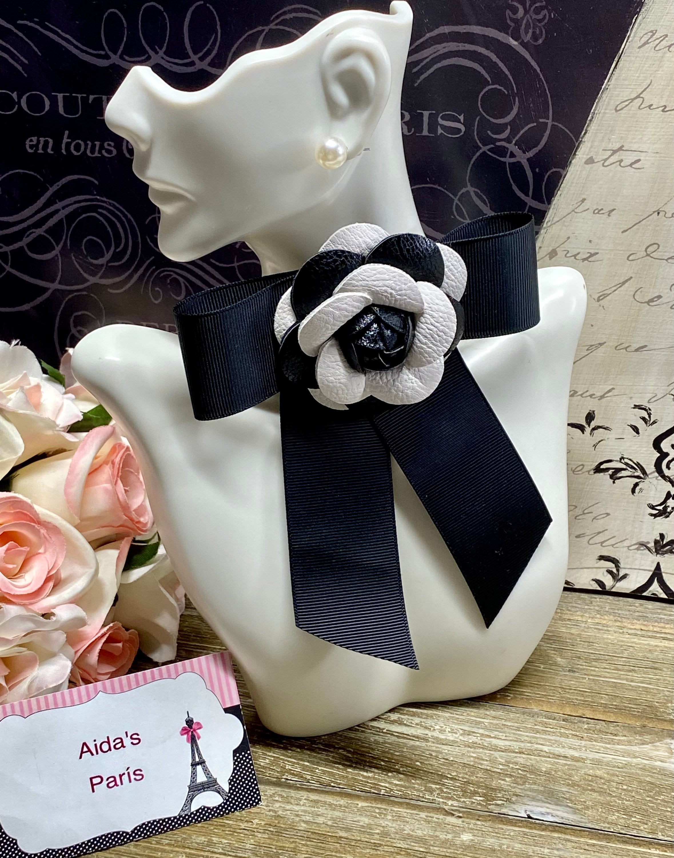 Chanel Chanel Black Ribbon x White Camellia Flower Brooch Pin