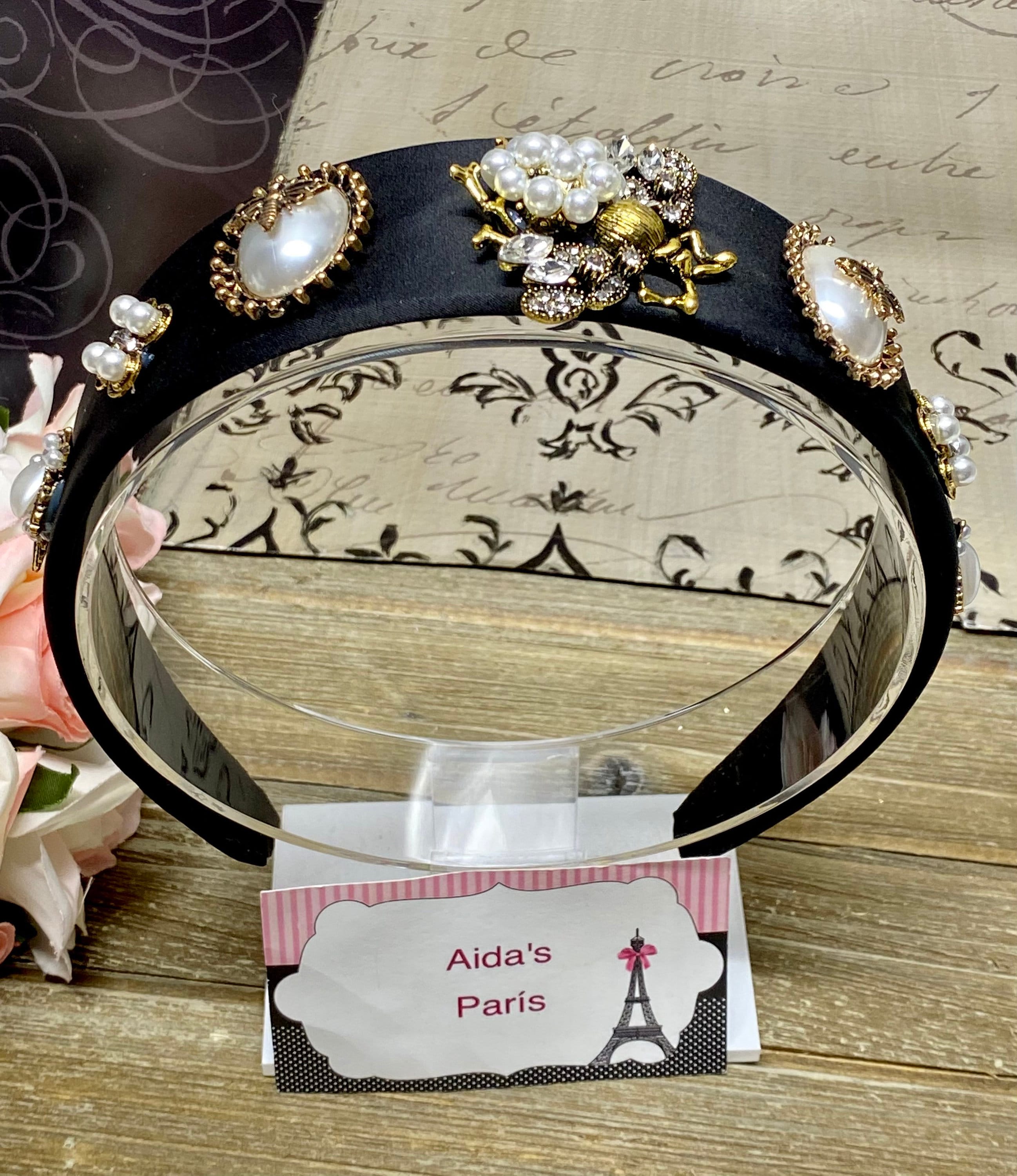 Beige Vintage Inspired Pearl & Rhinestone Bee Headband Amazon.com : WILLBOND 3 Pieces Pearls Headband Knotted  main image 3