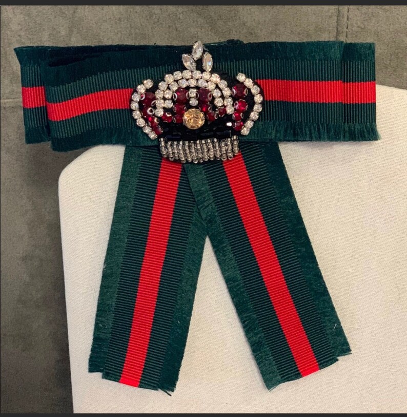 fashion bow brooch. Crown pin bow brooch Crown Bow Brooch Red and green bow brooch Designer inspired bow brooch