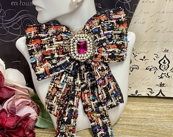 Tweed Rhinestone Bow Brooch