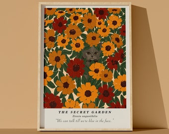 Secret Garden Cat Art Print: Zinnia angustifolia Botanical Illustration (Digital Download)