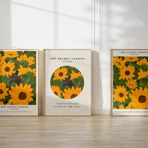 Set of 3 large sunflower Floral quote Printable wall art, Black cat animal art, Flower Digital Print, Poster, Card, Instant Download JPG