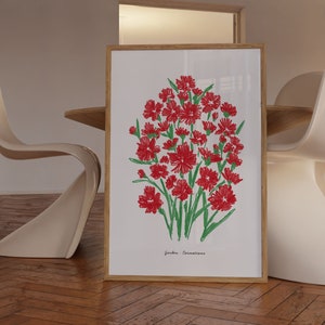 Red Carnation Flower Wall Art Print | Minimal Botanical Illustration | Digital Download Home Decor