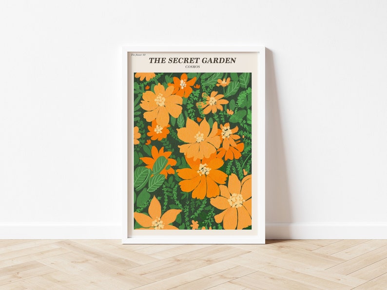 Orange Cosmos Printable Wall Art Orange Flowers Print Green Etsy