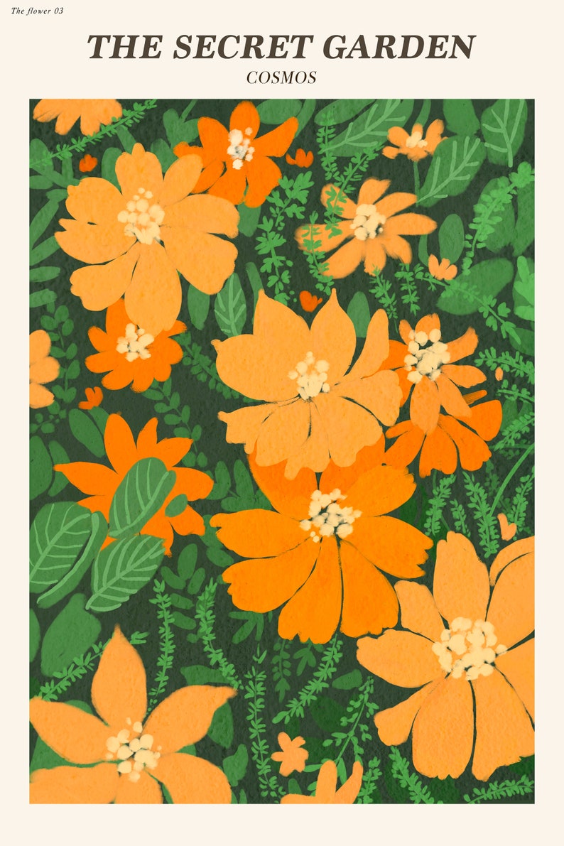 Orange Cosmos Printable Wall Art Orange Flowers Print Green Etsy