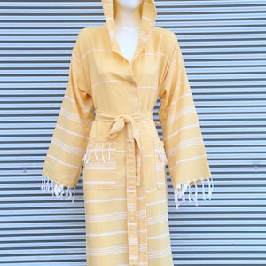 Yellow Beach Wear, Lightweight Bathrobe, Cotton Robe, robe with hoodie, Girls Trip Gift, Turkish Towel Robe, Hooded Beach Wear, Morning Gown