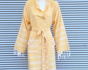 Yellow Beach Wear, Lightweight Bathrobe, Cotton Robe, robe with hoodie, Girls Trip Gift, Turkish Towel Robe, Hooded Beach Wear, Morning Gown