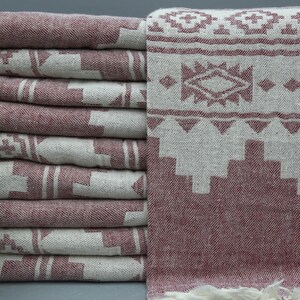 Burgundy Blanket-Throw Bed Cover-Double Sided Bedspread-Turkish Blanket-87&#39;&#39;x103&#39;&#39;-Aztec Blanket-Bulk Blanket-Handmade Blanket-(SMN,JKR,PK)