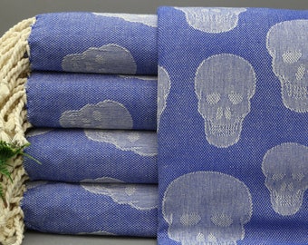 Cadeau perosnalisé,serviette turque,serviette en gros,serviette Peshtenmal,serviette de plage,40''x70''- Serviette bio-Serviette bleue-Skull Design Towel(MTN,KRKF)
