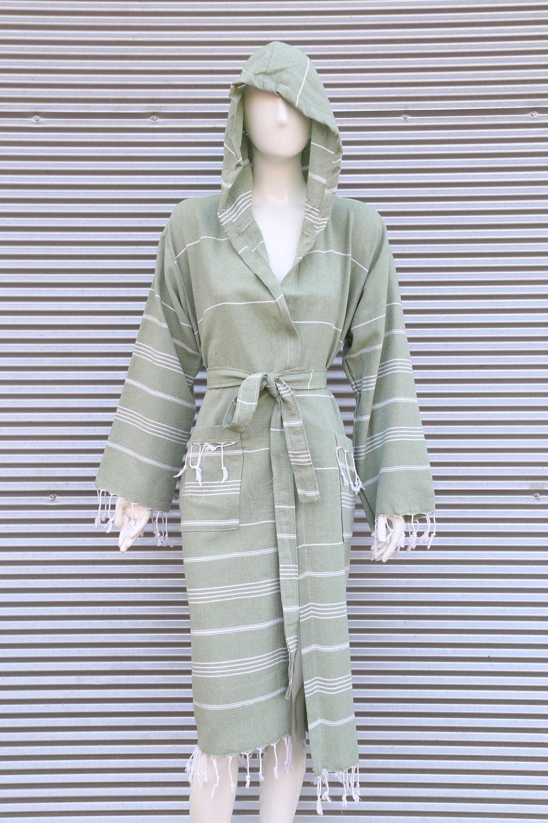 Olive Green Towel Robe, Hooded Beach Wear, Caftan Robe, Fouta Morning ...