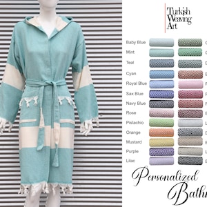Organic Housecoat, Morning Gown, Personalized Bathrobe, Mint Green Bathrobe, Embroidered Bathrobe, Soft Hooded Personalized Housecoat, Gift