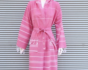 Cotton Robe, Fuchsia robe with hoodie, Girls Trip Gift, Turkish Towel Robe, Hooded Beach Wear, Morning Gown, Gift for her, Personalized Gift