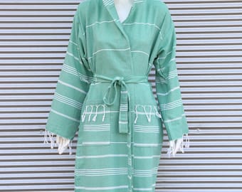 Green Bathrobe, Caftan Robe, Morning Gown, Gift for her, Bridal Robes, Personalized Gift, Bridesmaid Gift, Cotton Robe, Turkish Bathrobe