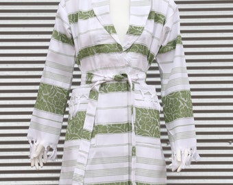 Kimono Robe, Green & White Bath Robe, Dressing Gown, Custom Beach Robe, Bachelorette Party Gift, Turkish Towel Beach Cloth, Morning Gown