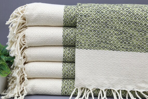 Hand Towels: Turkish Cotton Hand Towel Peshtemals - Olive and Linen