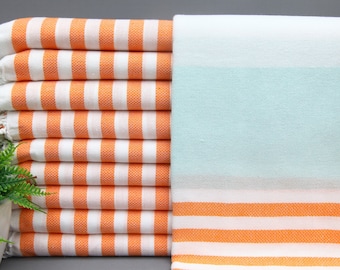 Turkish Towel-Throw Towel-Beach Towel-Mint Blue And Orange Towel-40"x69"-Cotton Towel-Striped Towel-Bath Towel-Wedding Towel-(DBLL,MRN)