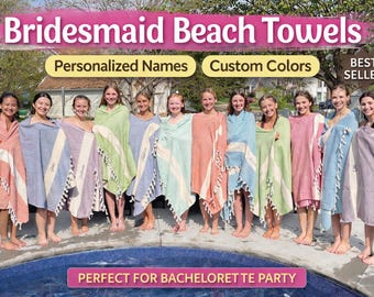 May include: A group of women stand by a pool, each wrapped in a colorful beach towel. The towels are personalized with names and custom colors, with fringe detailing. Text on the image reads "Bridesmaid Beach Towels" and "Perfect for Bachelorette Party."