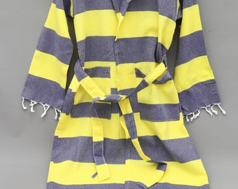 Navy-Yellow Robe, Personalized Robe, Cotton Bath Robe, Luxury Handmade Robe, Beach Wear, Unisex Robe, Turkish Bath Robe, Turkish Towel Robe