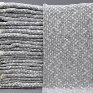 May include: A stack of gray and white woven throw blankets with fringe edges. The blankets are folded and stacked on a gray surface.