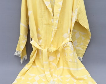 100% Cotton Robe, Gift for Woman, Yellow Bathrobe, Personalized Gift, Handmade Robe, Dressing Gown, Morning Gown, Beach cloth, Unisex Robe