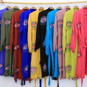 Kimono-Robe aus Baumwolle, weich und gemütlich, Boho-Morgenmantel, Strand-Kimono, türkischer Baumwoll-Bademantel, Evil Eye Ethnic Festival Robe