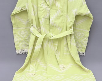 Peignoir vert lime, serviette de plage, robe design aztèque, robe cadeau personnalisée, kimono en coton doux, robe serviette turque, cadeau de fête personnalisé