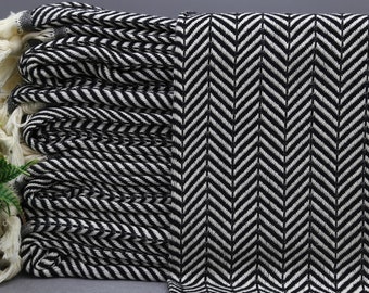 Herringbone Blanket-Turkish Blanket-Bed Cover Blanket-Cotton Blanket-79''x91''-Throw Blanket-Black Blanket-Sofa Decor-Home Decor(DML,MRT,PK)