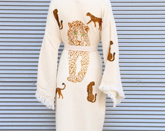 Tiger Design Kimono, Girls Trip Gift, Turkish Towel Robe, Beach Wear Pareo, Ivory Bathrobe, Wedding Gifts, Personalized Gift, Party Favors