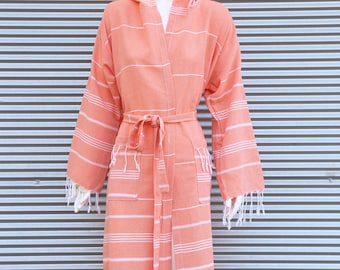 Turkish Bath Robe, Gift Robe, Lightweight Bathrobe, Cotton Robe, robe with hoodie, Travel Favors, Orange Turkish Towel Robe, Hooded Robe