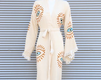 Peignoir mauvais œil, peignoir turc, kimono de plage, robes de mariée, cadeaux de mariage, cadeau personnalisé, peignoir kimono, cadeaux de fête personnalisés